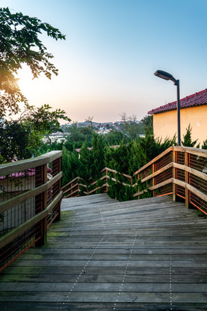 Outdoor boardwalk and cityscape street sceneの写真素材