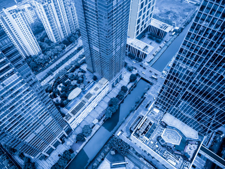 aerial photography of high-rise buildings in blue tonesの写真素材