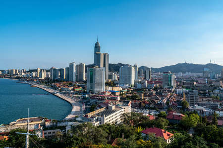 aerial photography yantai coastline architecture landscape skylineの写真素材