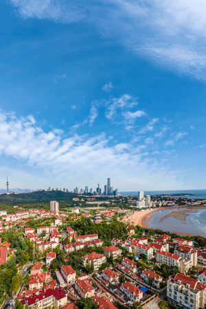 Aerial photography Qingdao coastline bay area architectural landscape skylineの写真素材