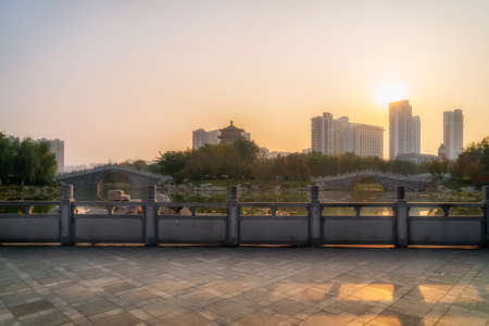 Street scene of gardens and ancient buildings in Zhongshi Cityの写真素材