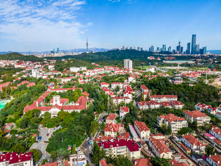Aerial photography Qingdao coastline bay area architectural landscape skylineの写真素材