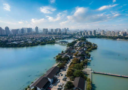 Aerial photography of Suzhou Ligong Causeway Chinese Gardenの写真素材