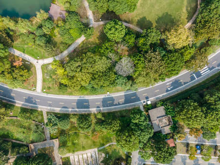 Aerial photography outdoor forest asphalt road trafficの写真素材