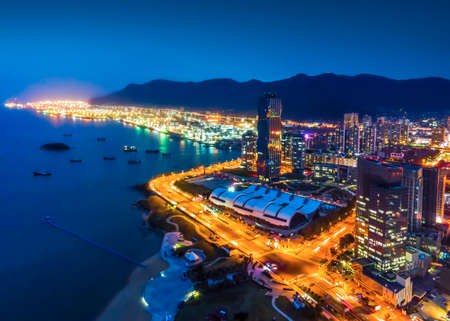 Aerial photography of Lianyungang coastline city night sceneの写真素材