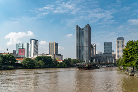 Modern office buildings on both sides of the Hangzhou Canalの写真素材