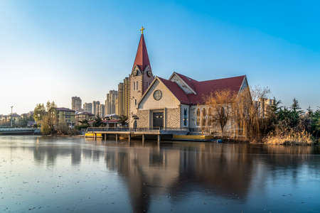 Qingdao Li Village Christian Church Scenery Street Viewの写真素材