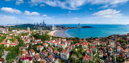Aerial photography Qingdao coastline bay area architectural landscape skylineの写真素材