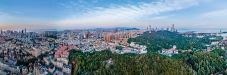 Aerial photography Qingdao coastline bay area architectural landscape skylineの写真素材