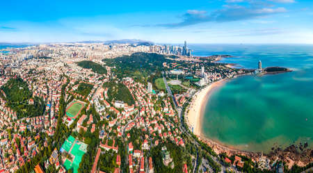 Aerial photography Qingdao coastline bay area architectural landscape skylineの写真素材