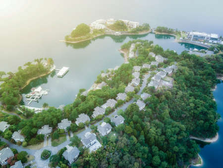 Aerial photography of the natural scenery of Qiandao Lake in Hangzhouの写真素材