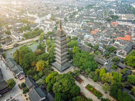 Aerial photography of Zhangjiagang Chinese garden pagoda ancient buildingsの写真素材