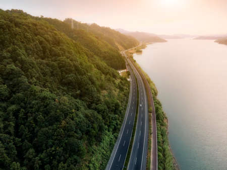 Aerial photography outdoor forest road transportationの写真素材