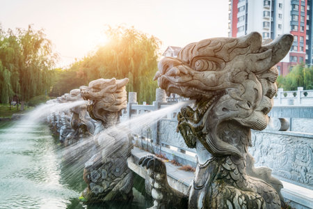 Chinese garden stone lion spray water landscapeの写真素材