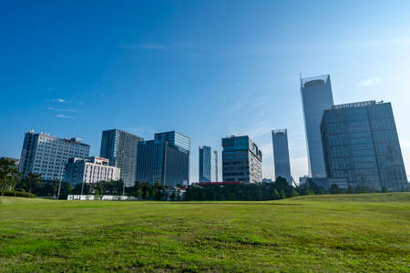 Modern architectural landscape of Hefei Swan Lakeの写真素材