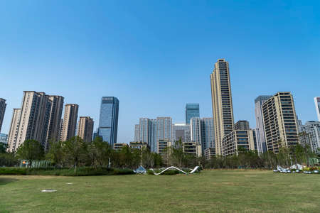 Modern architectural landscape of Hefei Swan Lakeの写真素材