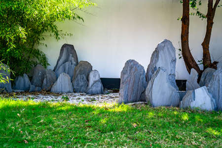 Chinese garden landscape wall backgroundの写真素材