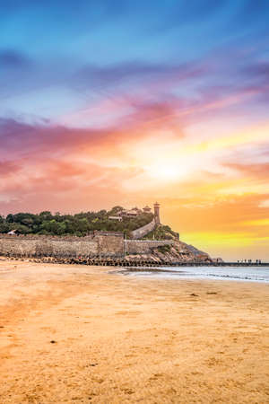 Aerial photography city coastline Penglai Pavilion ancient buildingsの写真素材