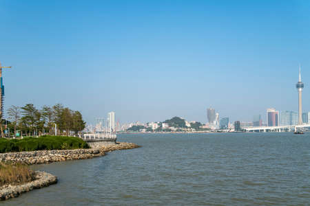 Close-up of Macau city coastline sceneryの写真素材