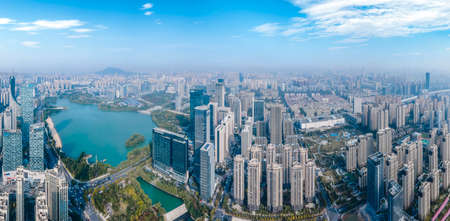 Aerial photography of modern architectural landscape of Swan Lake in Hefeiの写真素材