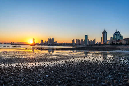 Qingdao bay area scenery and sunsetの写真素材