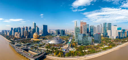 Aerial photography Hangzhou CBD architectural landscape skylineの写真素材