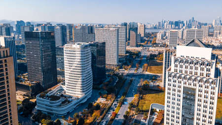 Aerial photography Hangzhou CBD architectural landscape skylineの写真素材