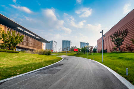 Street view of the central business district by the Taibai Lake in Jiningの写真素材