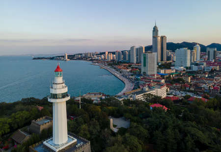 Aerial photography of Yantai coastline architectural landscape panorama large formatの写真素材