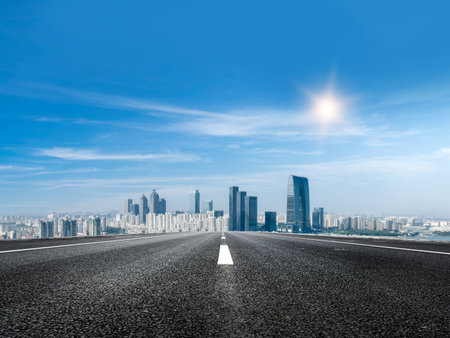 Freeway skyline and financial district buildingsの写真素材