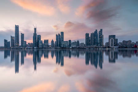 Qingdao city architectural landscape at duskの写真素材