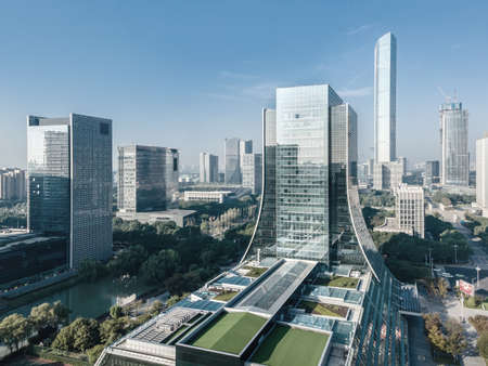 Aerial photography of Suzhou modern office building close-upの写真素材