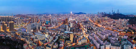 aerial photography qingdao city architecture landscape skyline night viewの写真素材