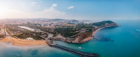 Aerial photography of Chinese garden landscape along the coastline of Penglaiの写真素材