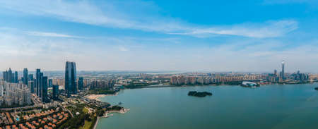 Aerial photography Suzhou Jinji Lake building landscape skyline