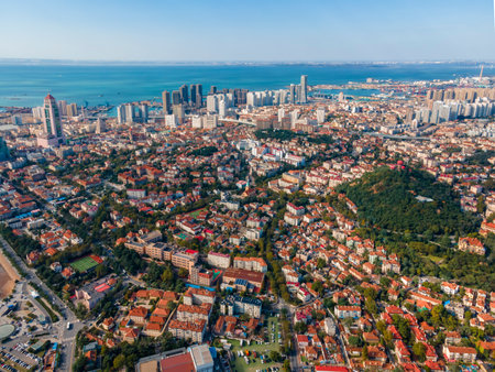 Aerial photography of the building landscape skyline of the first-tier bay area in Qianhai, Qingdaoの写真素材