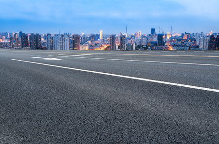 Night view of road lane and building landscapeの写真素材