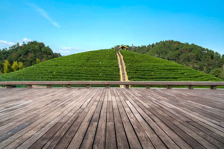 Wooden plank road viewing platform and distant mountain backgroundの写真素材