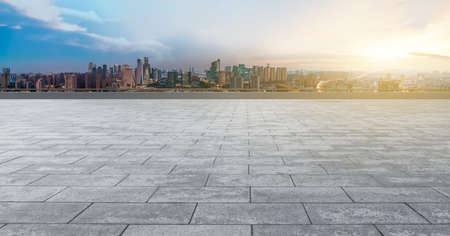 Outdoor floor tiles and city viewsの写真素材