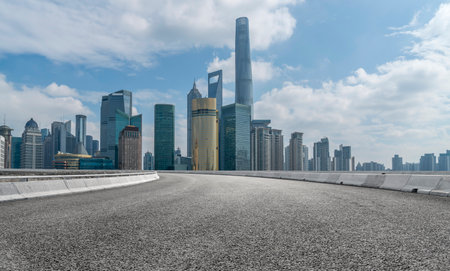 Freeway skyline and financial district buildingsの写真素材