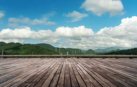 Outdoor wooden floor ground and coastline sceneryの写真素材