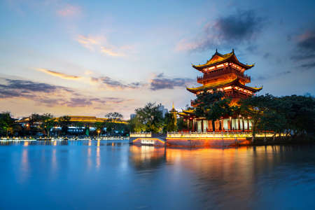Huaian Zhongzhou Island Park at nightのeditorial素材