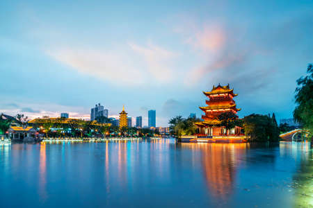 Night view of the ancient building ruins of Zhongzhou Island in Huaianのeditorial素材