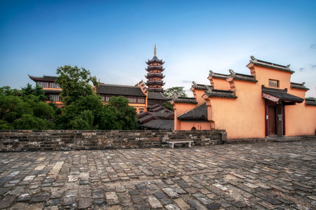 Close-up of Buddhist pagoda in ancient Jiming Temple in Nanjingのeditorial素材