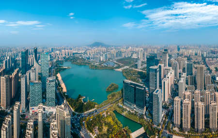 Aerial photography of modern architectural landscape of Swan Lake in Hefeiのeditorial素材