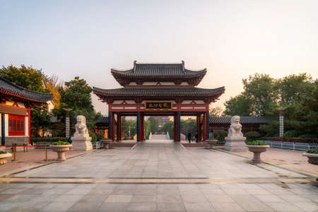 Street view of ancient buildings with wooden structures in Chinese gardensのeditorial素材