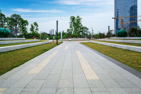 Outdoor plaza brick floor and city viewのeditorial素材