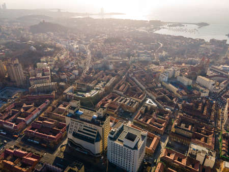 Aerial photography Qingdao bay urban architecture landscape skylineの写真素材
