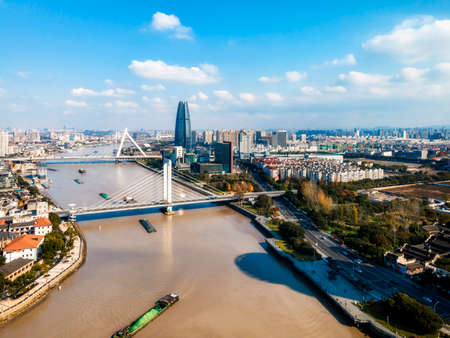 aerial photography ningbo city landscape skylineの写真素材