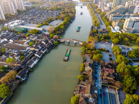 Aerial photography of Gongchen Bridge in Tangxi Ancient Town, Hangzhouの写真素材